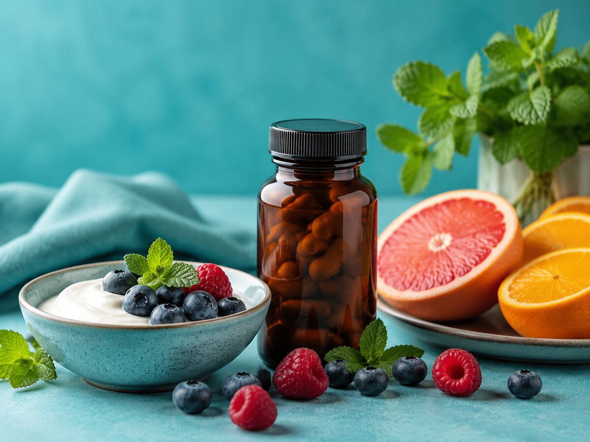 Colorful digestive-wellness ingredients and daily supplement setting